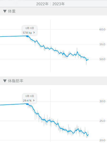 体重・体脂肪率変動グラフ（2022年8月～2023年8月）